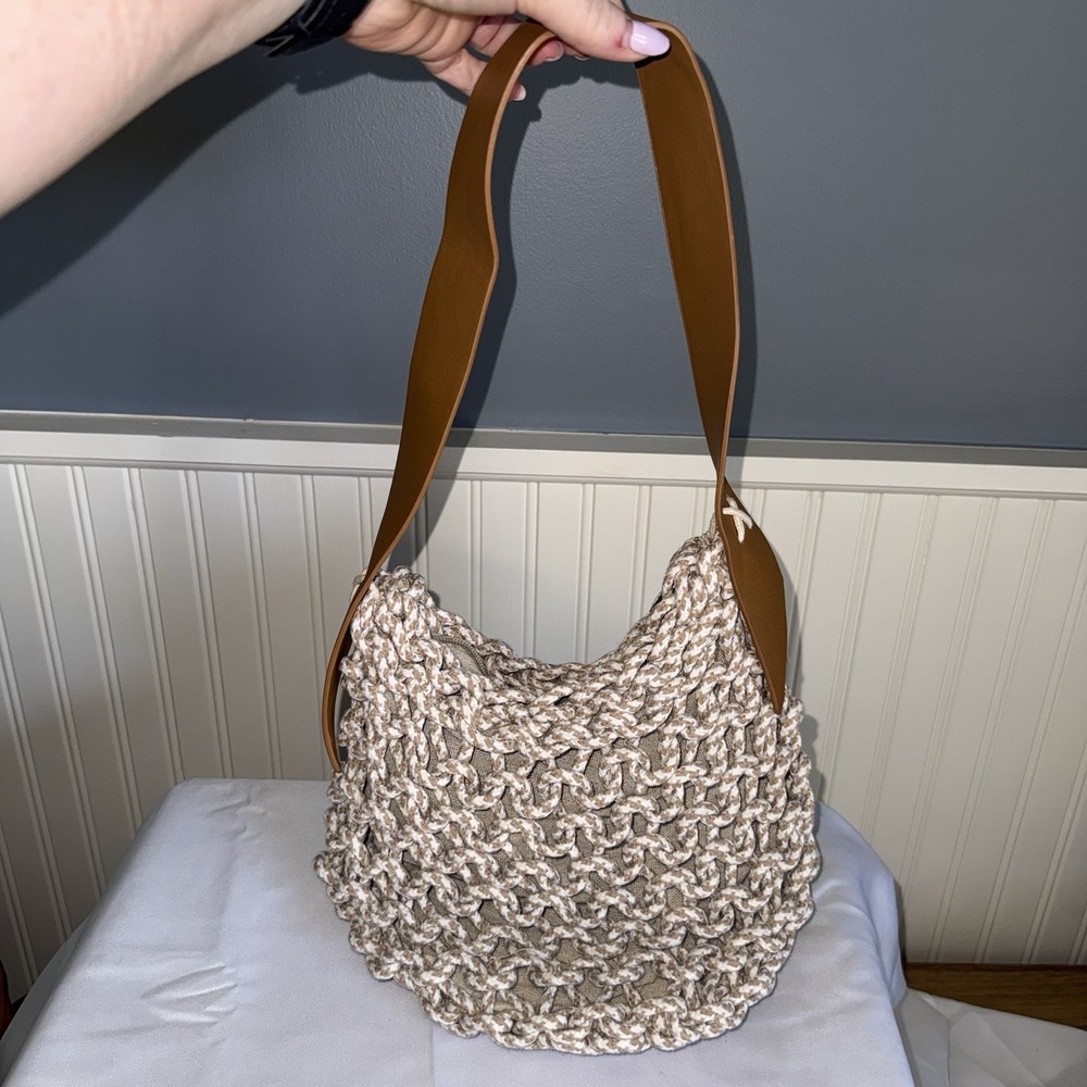 Motf Macrame Fabric Faux Leather Shoulder Hobo Bag Purse Cream Brown Handbag